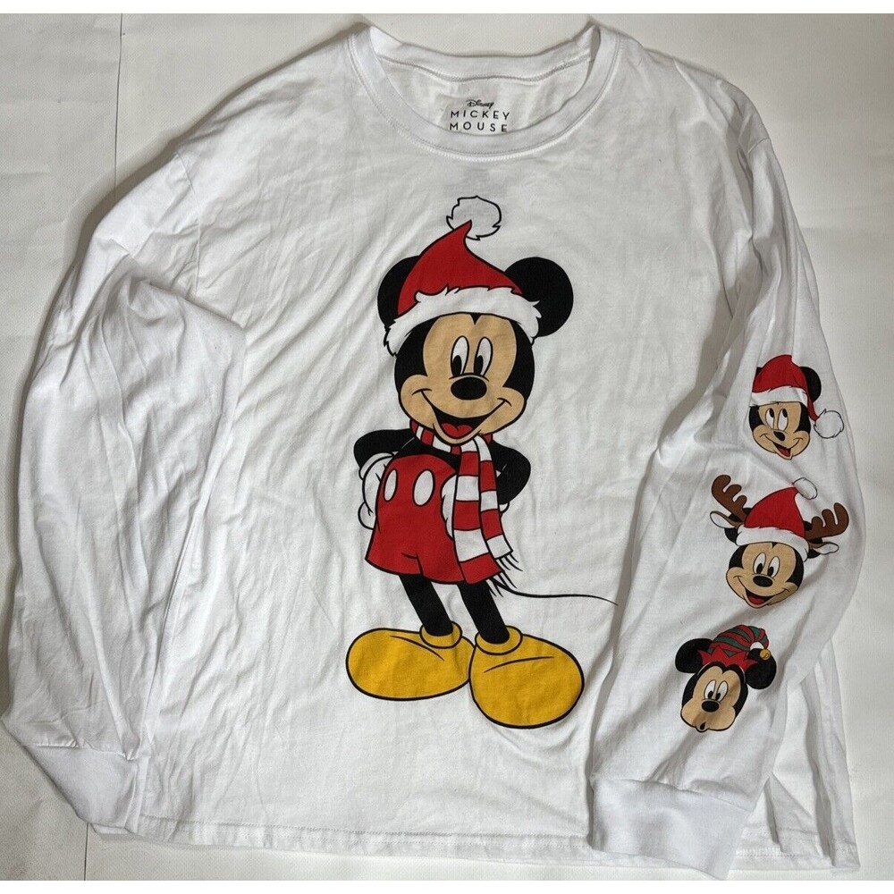 Disney MICKEY MOUSE SANTA HAT CHRISTMAS White Long Sleeve 2-XL Graphic T-Shirt